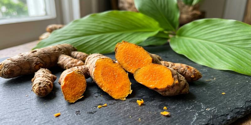 Raíz de cúrcuma fresca cortada por la mitad