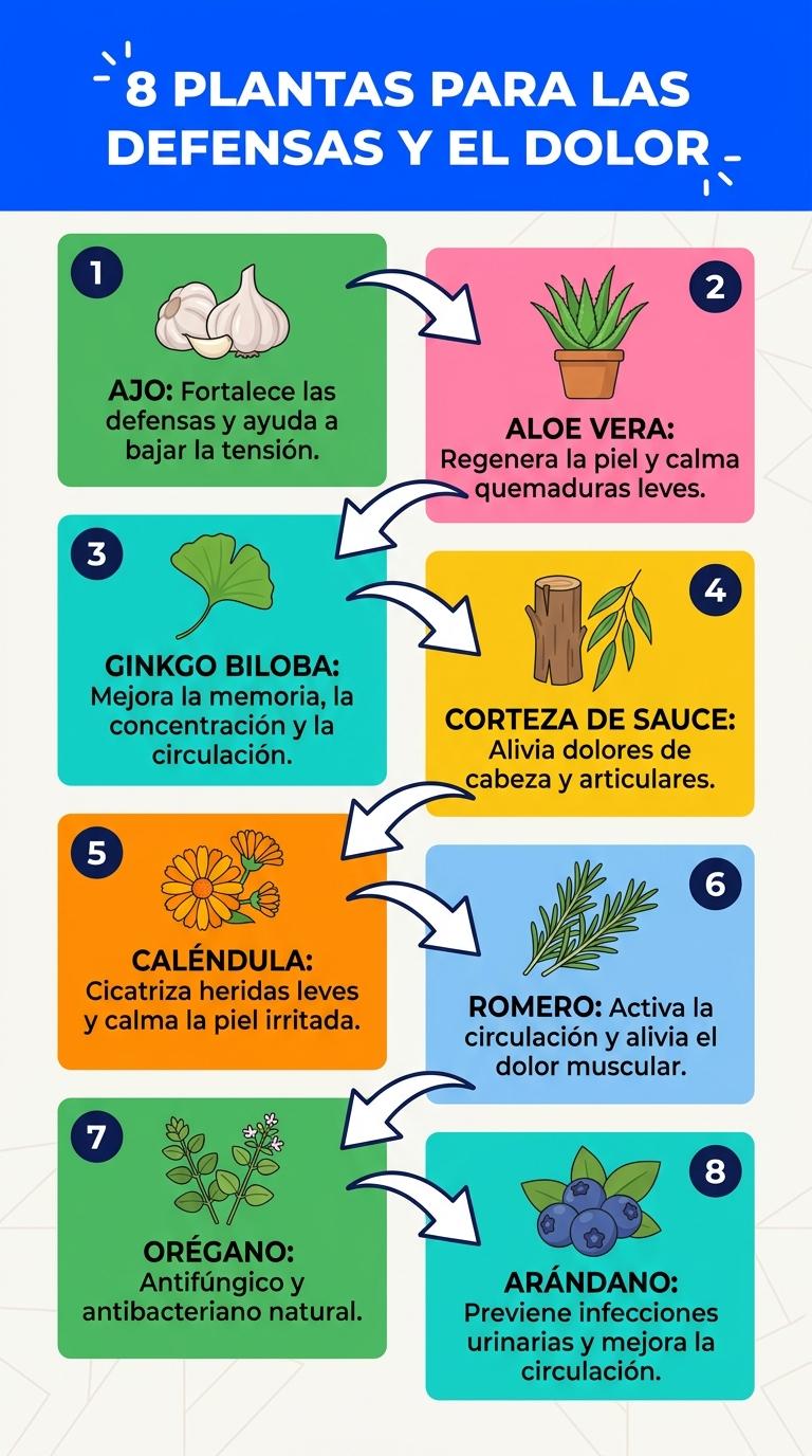 Infografía de 8 plantas medicinales para las defensas y el dolor