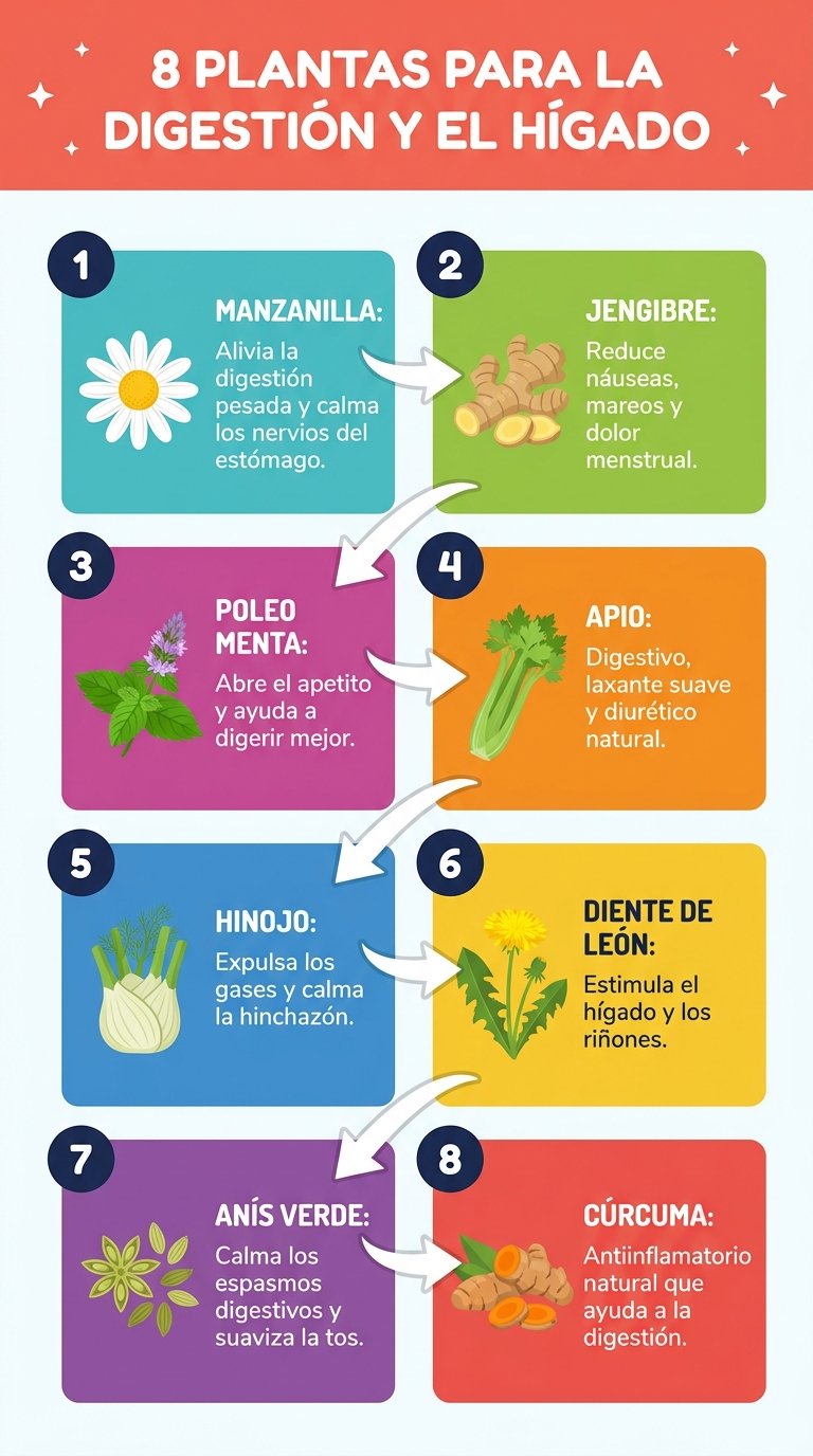Infografía de 8 plantas medicinales para la digestión y el hígado