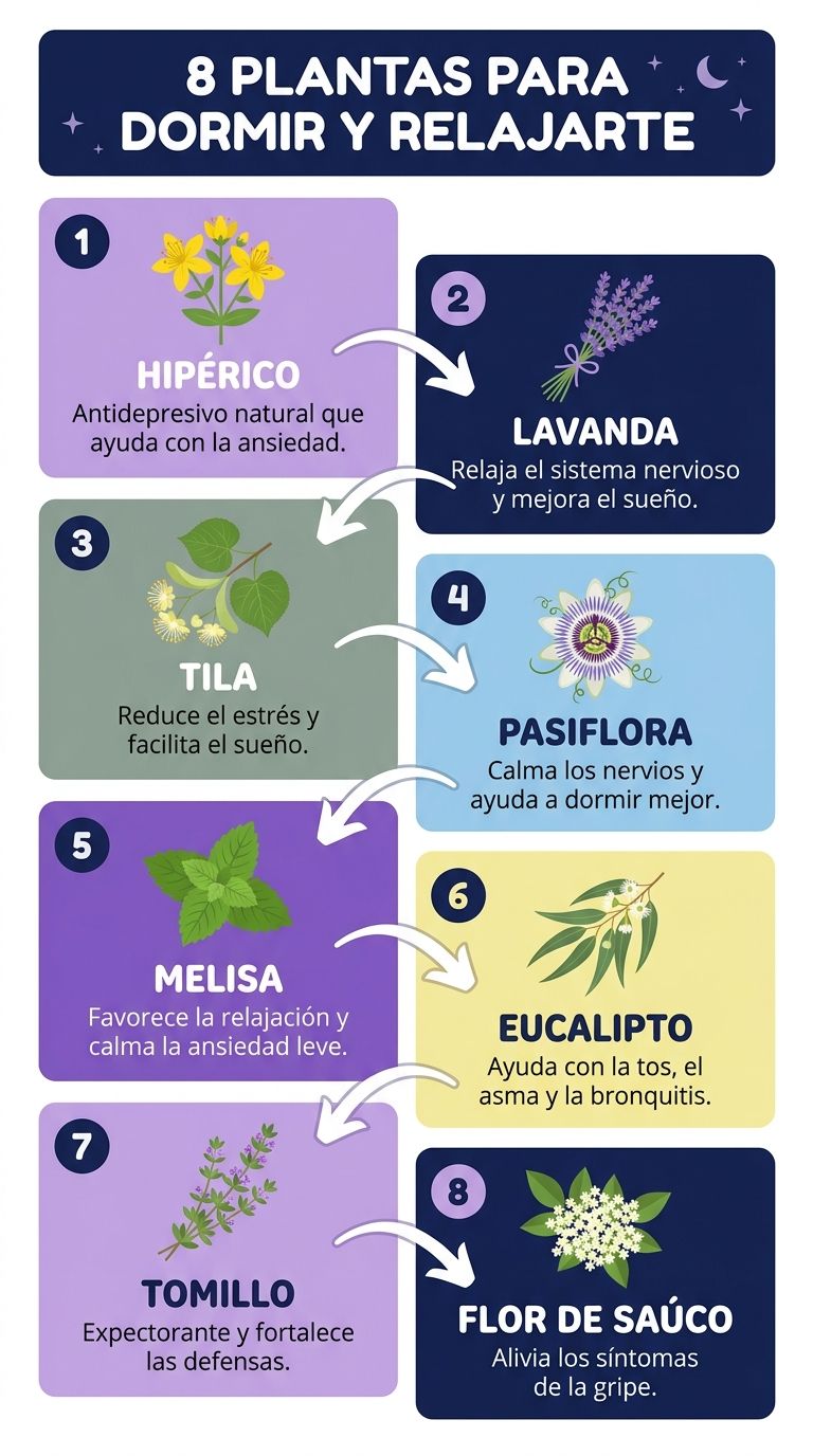 Infografía de 8 plantas medicinales para dormir y relajarte