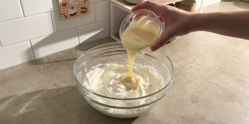 Leche condensada vertida sobre la crema batida