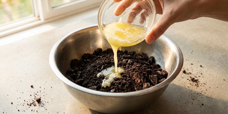 Mantequilla derretida agregada a las migas de Oreo