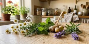 Plantas medicinales frescas sobre una mesa de cocina