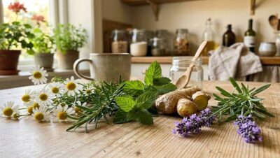 Plantas medicinales frescas sobre una mesa de cocina