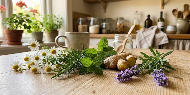 Plantas medicinales frescas sobre una mesa de cocina