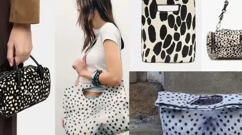 Bolsos de animal print y de lunares colocados juntos